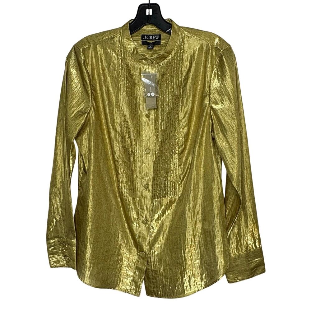 J. Crew Tuxedo Gold Lame Button Up Holiday Shimmer Metallic Shirt Size 8 New